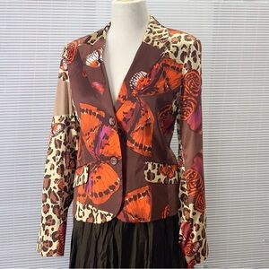 Russell Kemp Jacket Silk Cheetah Print Butterfly Collared Buttons Pockets Size 8